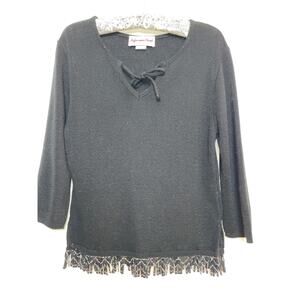 Reference‎ Point Fringe Trim Sweater - Size M - Beaded Trim - Vintage